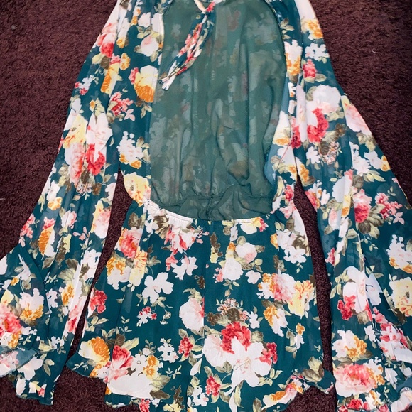 Bell Sleeve Romper Short Long Ruffle Small Green Pink Floral Openback Flowy Chic - Picture 6 of 12